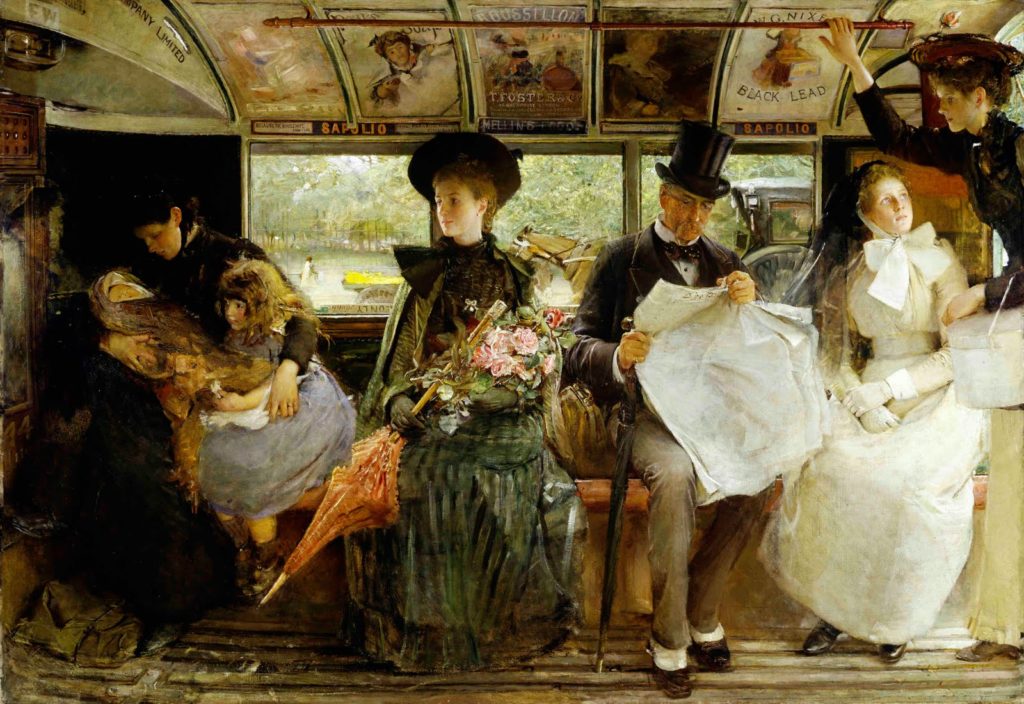Abbildung eines Gemälde von George W. Joy aus dem 19. Jahrhundert, das Werbebannern in öffentlichen Transportmitteln zeigt. 